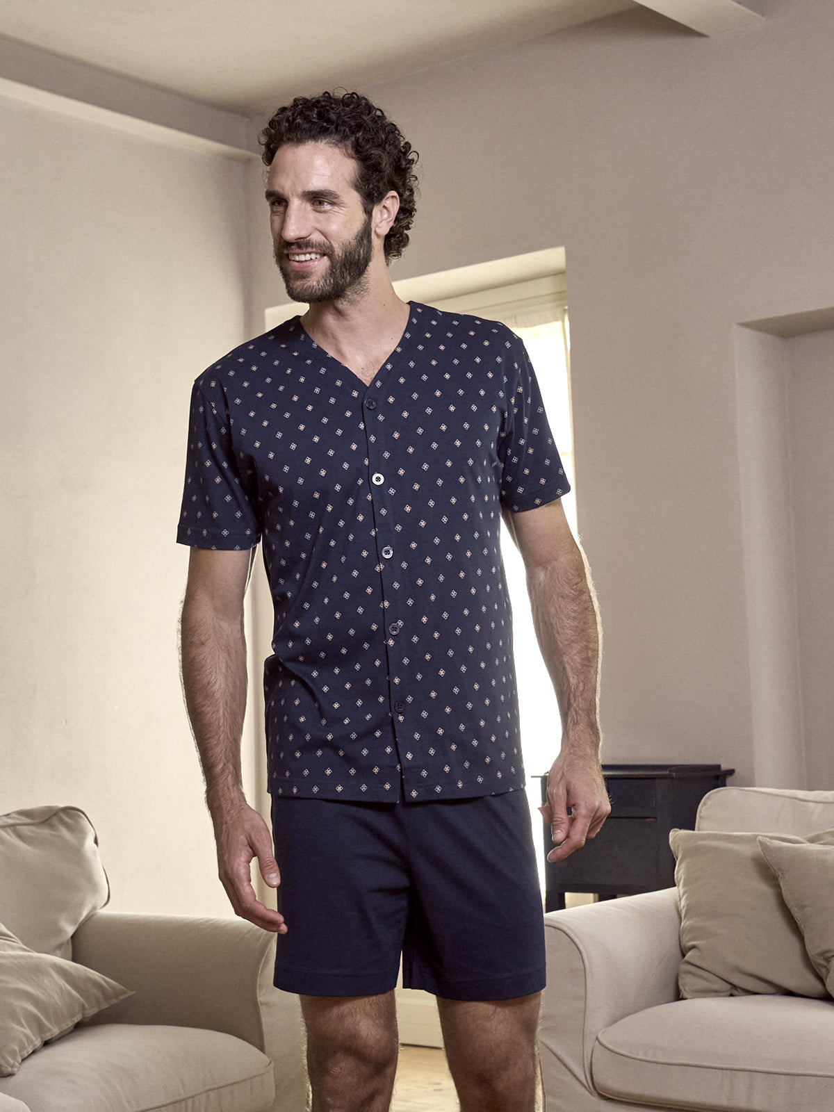 Pigiama corto cardigan, in traspirante jersey di puro cotone s/z