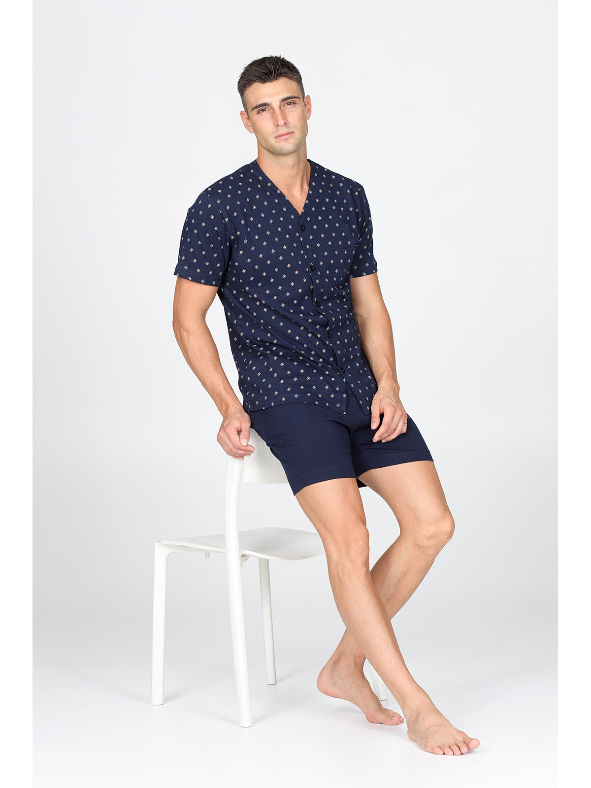 Pigiama corto cardigan, in traspirante jersey di puro cotone s/z