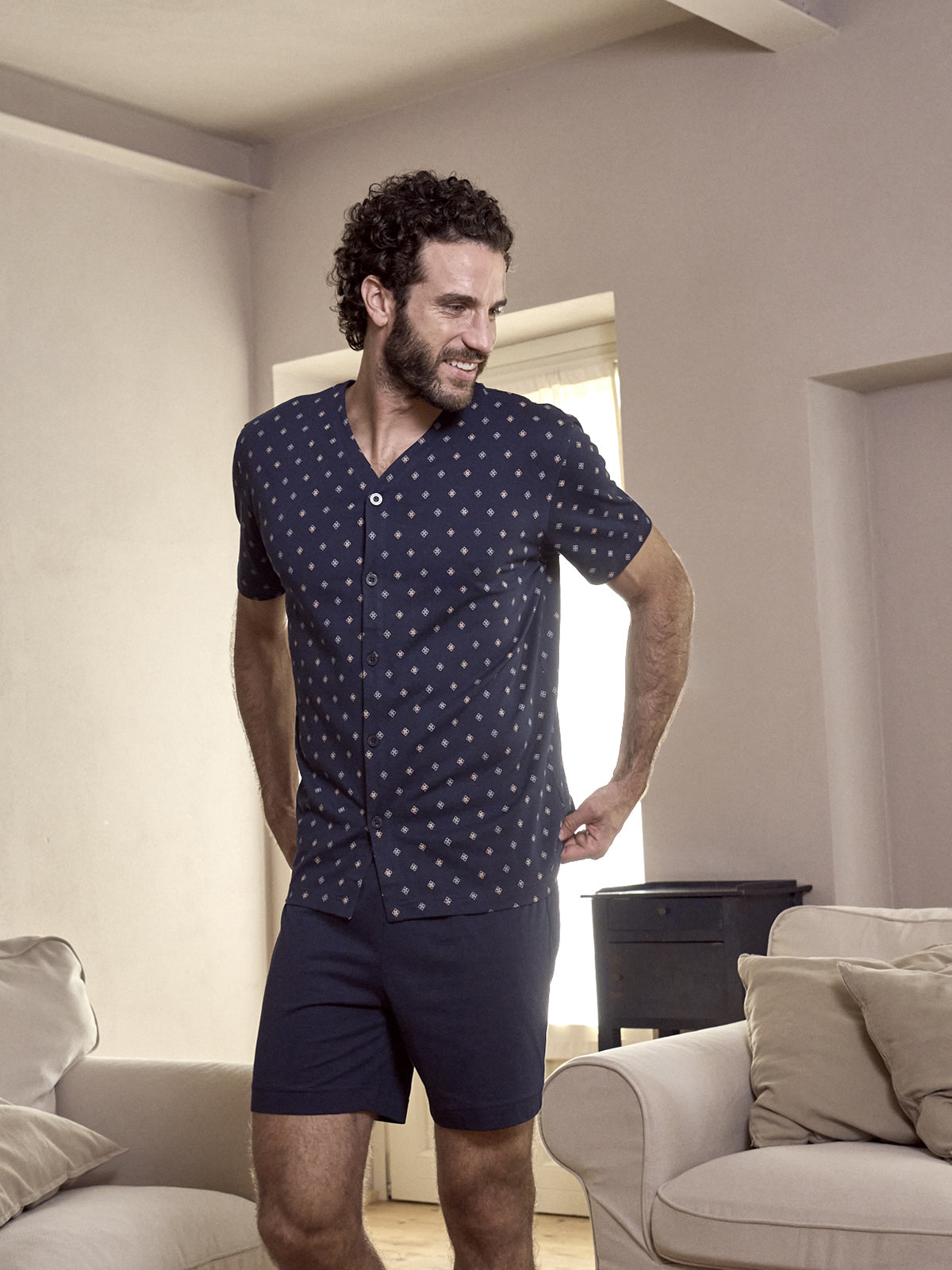 Pigiama corto cardigan, in traspirante jersey di puro cotone s/z