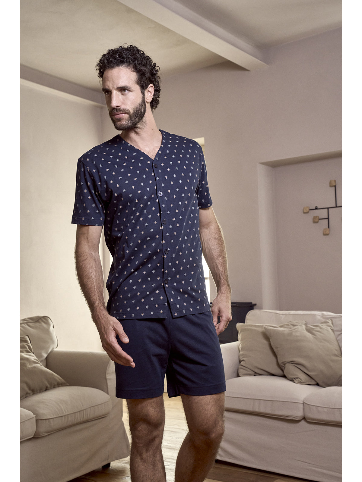 Pigiama corto cardigan, in traspirante jersey di puro cotone s/z
