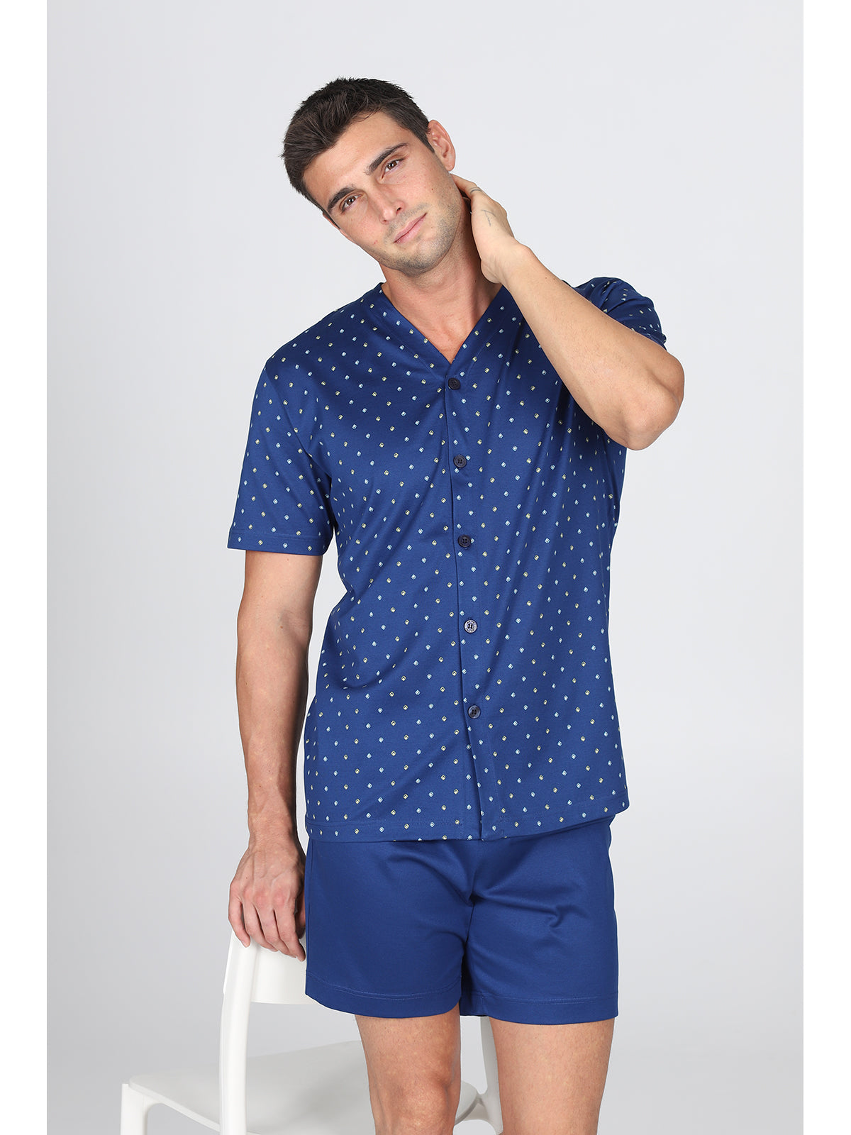 Pigiama corto cardigan, in setoso puro cotone mercerizzato con classico disegno a rombi