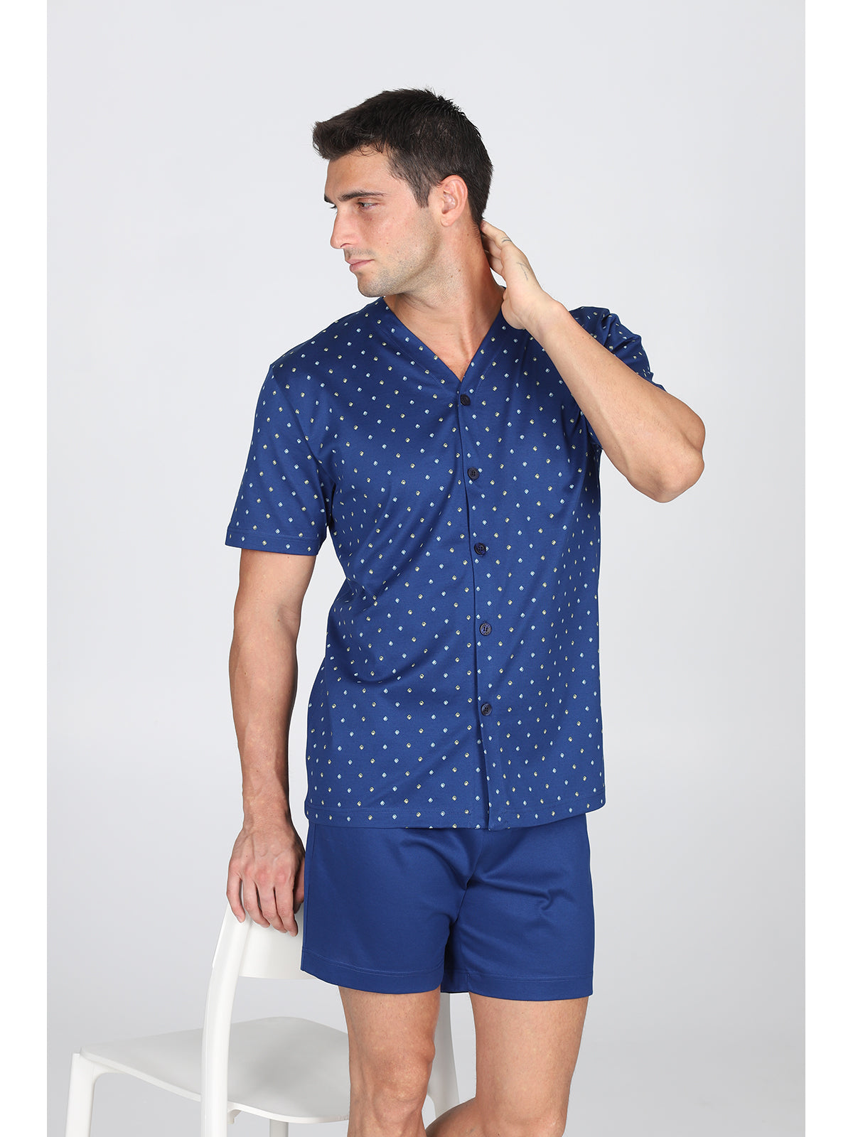 Pigiama corto cardigan, in setoso puro cotone mercerizzato con classico disegno a rombi