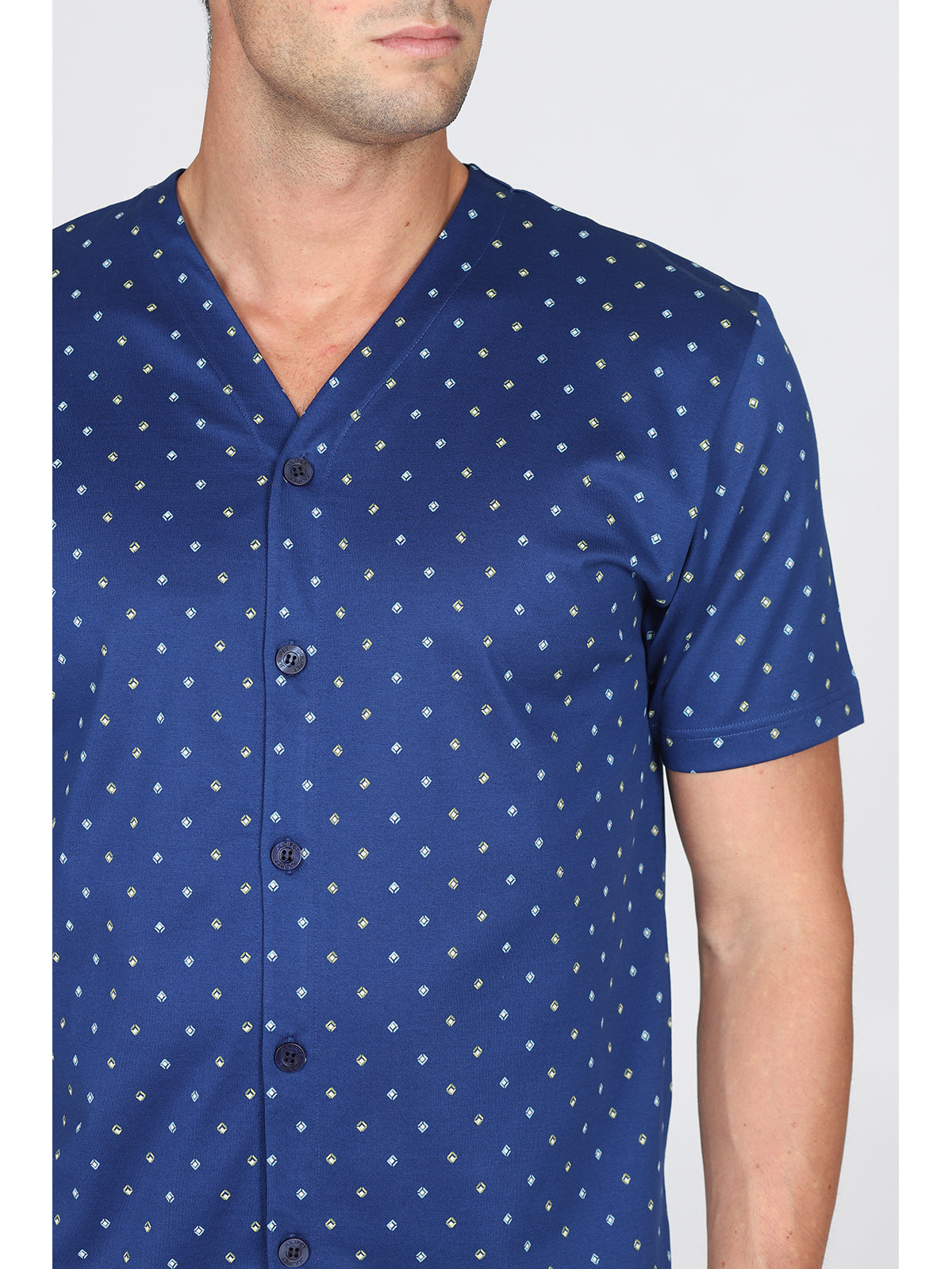 Pigiama corto cardigan, in setoso puro cotone mercerizzato con classico disegno a rombi