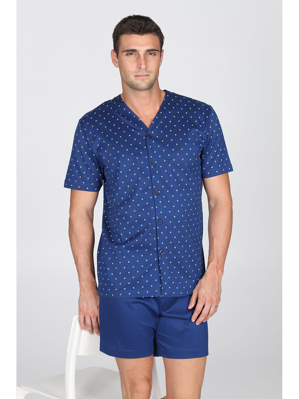 Pigiama corto cardigan, in setoso puro cotone mercerizzato con classico disegno a rombi