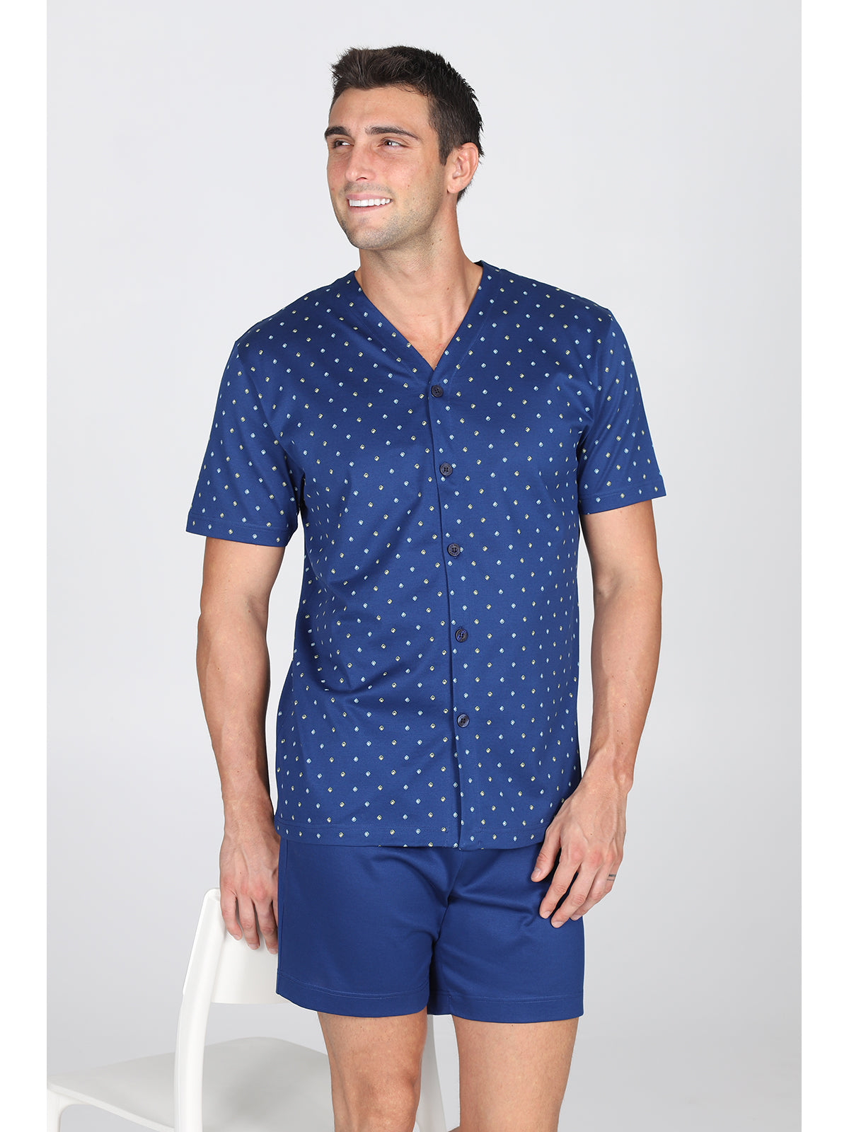 Pigiama corto cardigan, in setoso puro cotone mercerizzato con classico disegno a rombi