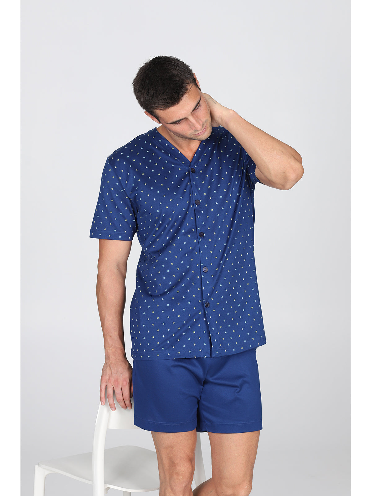 Pigiama corto cardigan, in setoso puro cotone mercerizzato con classico disegno a rombi