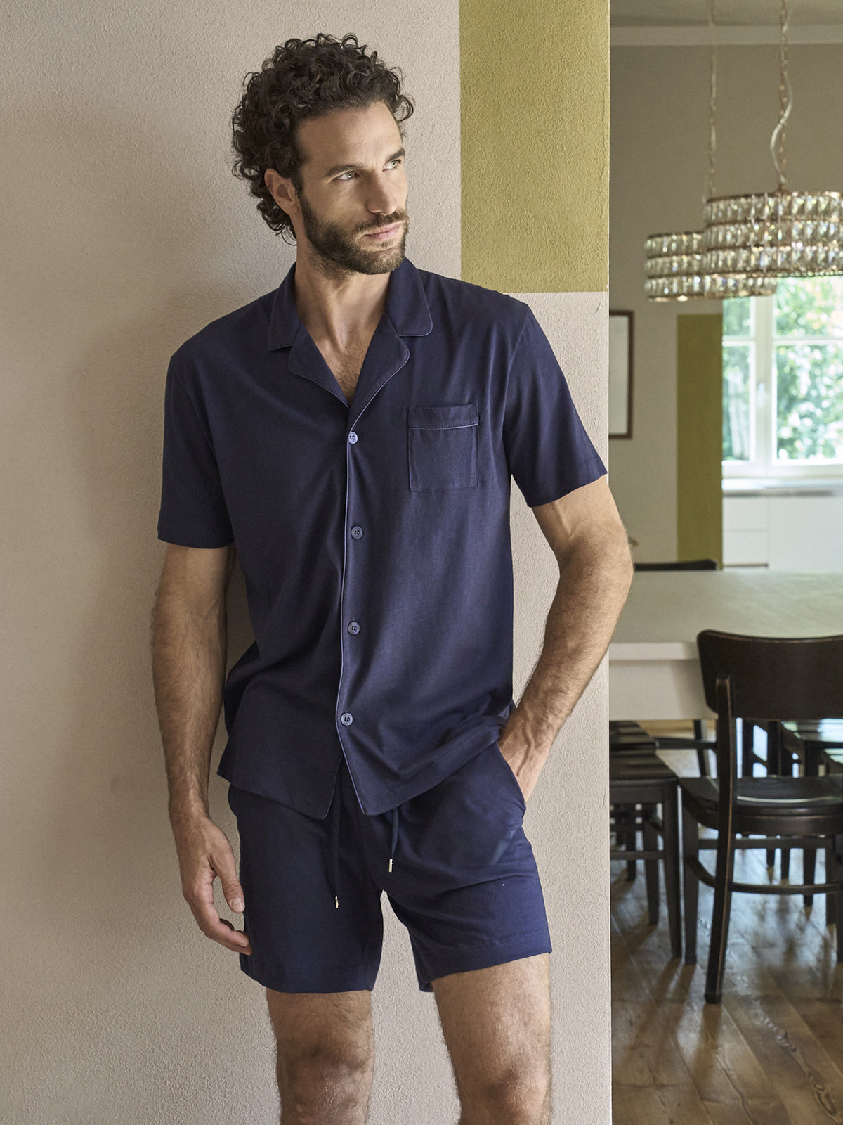 Pigiama corto cardigan, in pregiato cotone supima in tinta blu