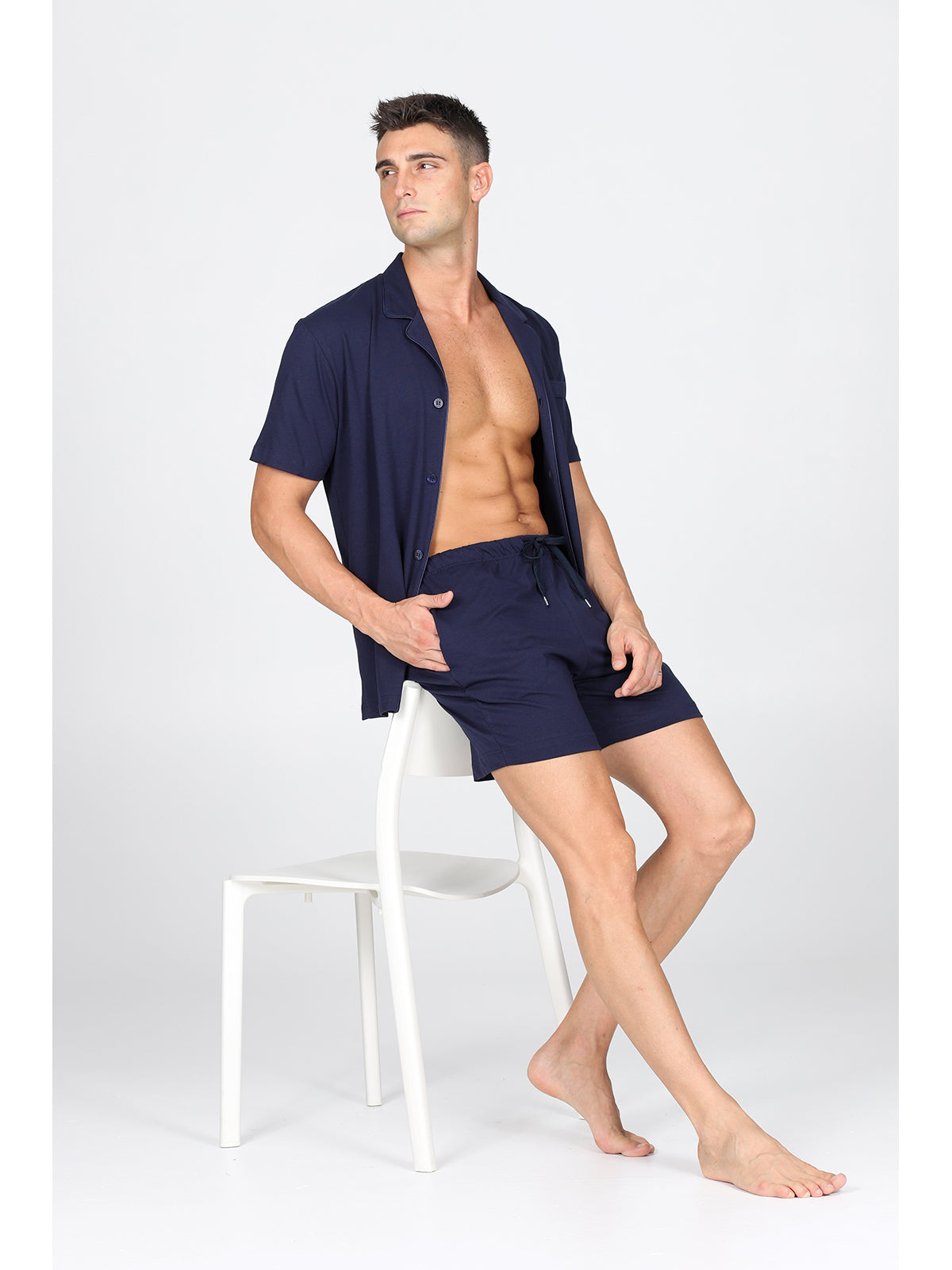 Pigiama corto cardigan, in pregiato cotone supima in tinta blu