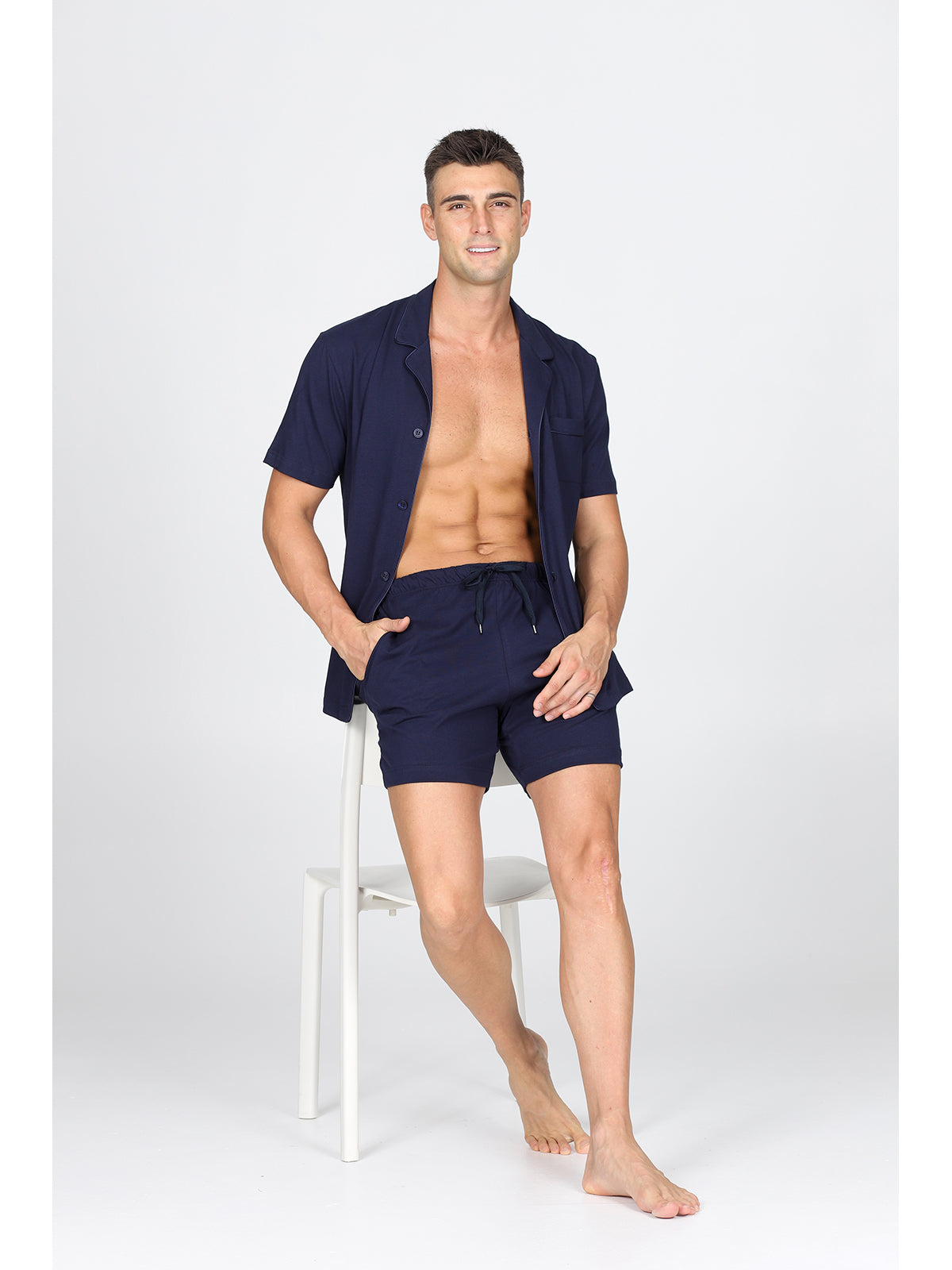 Pigiama corto cardigan, in pregiato cotone supima in tinta blu