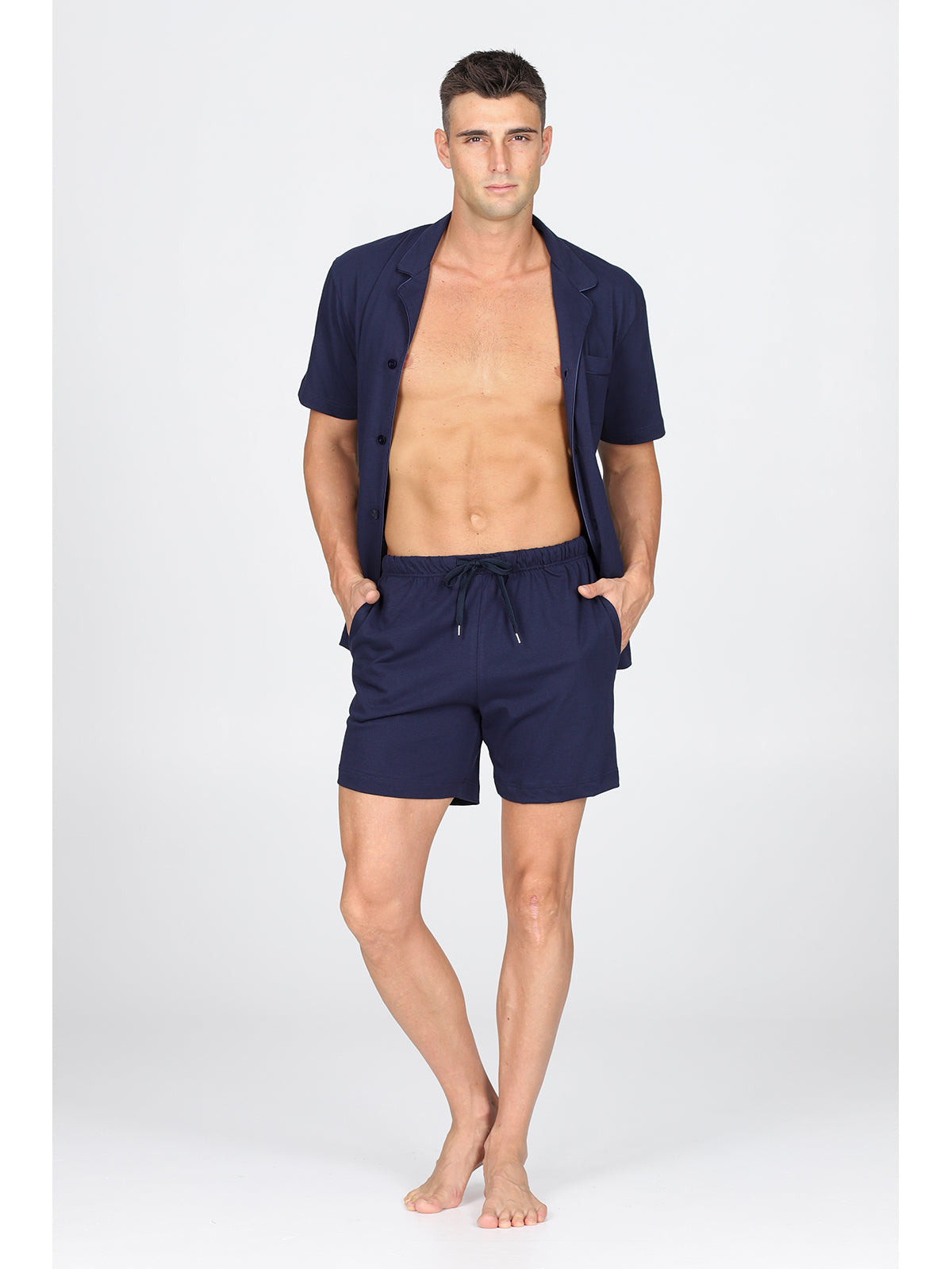 Pigiama corto cardigan, in pregiato cotone supima in tinta blu