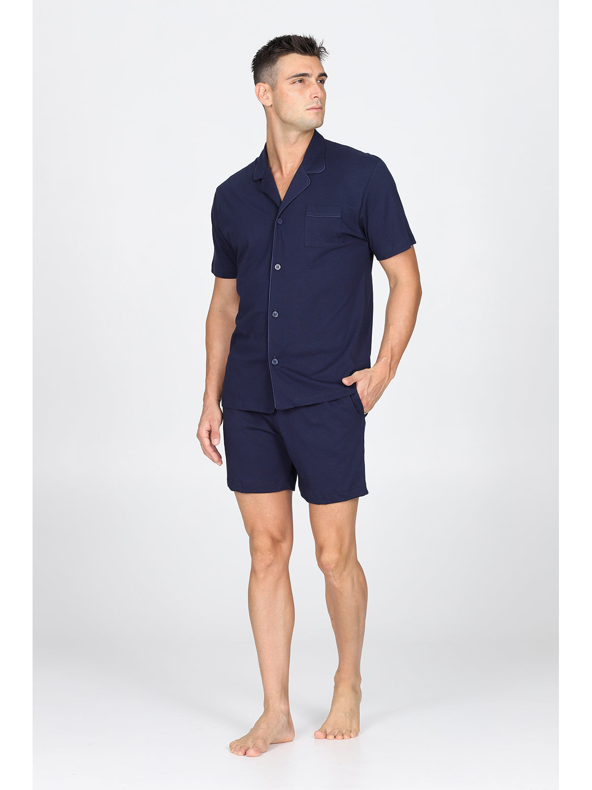 Pigiama corto cardigan, in pregiato cotone supima in tinta blu