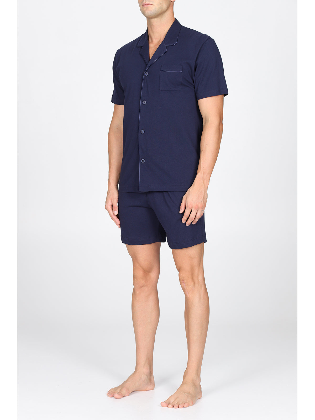 Pigiama corto cardigan, in pregiato cotone supima in tinta blu