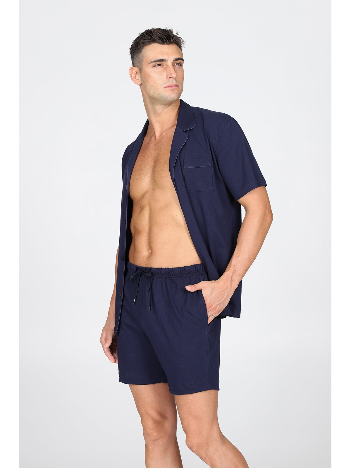 Pigiama corto cardigan, in pregiato cotone supima in tinta blu