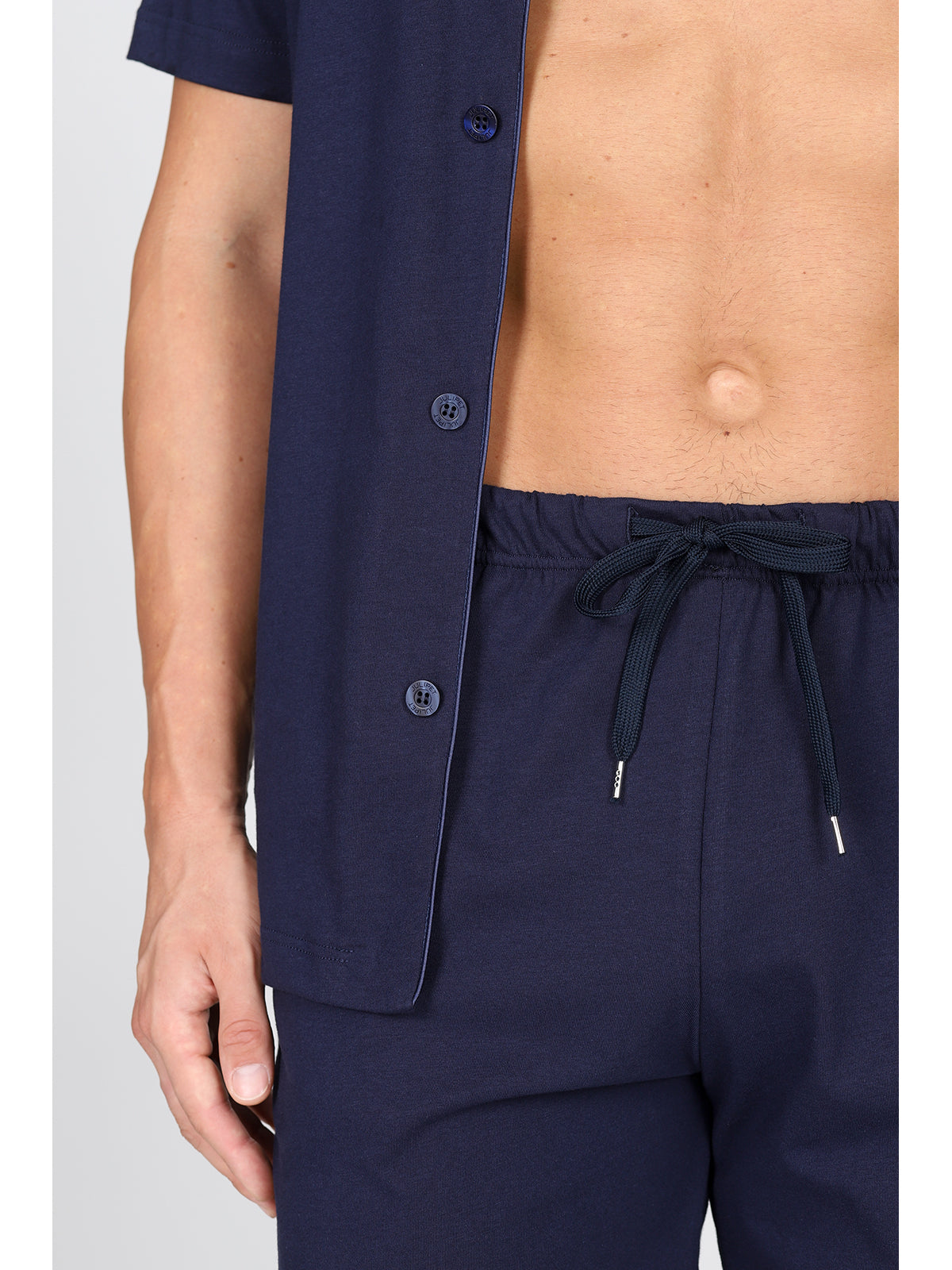 Pigiama corto cardigan, in pregiato cotone supima in tinta blu