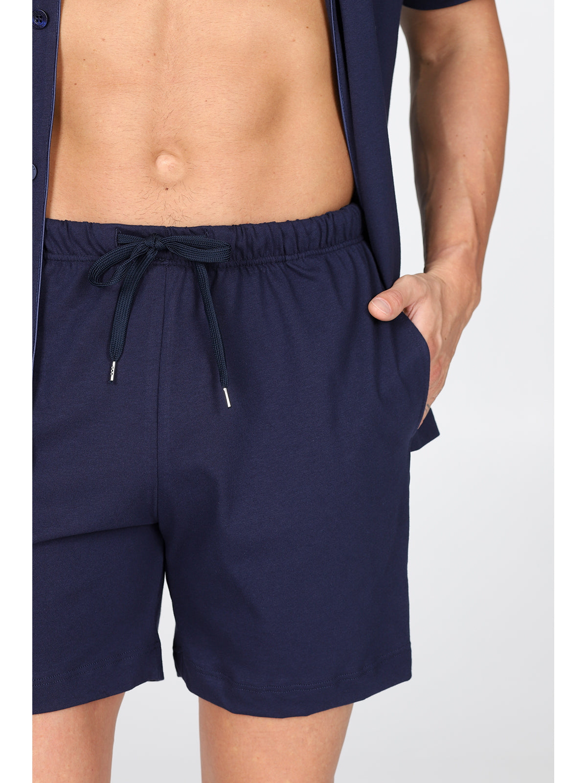 Pigiama corto cardigan, in pregiato cotone supima in tinta blu