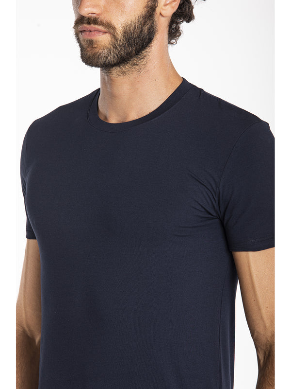 Maglietta blu girocollo in leggero jersey di cotone elasticizzato