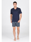 Pigiama corto scollo a v in leggerissimo jersey 100% cotone, fantasia "tennis"