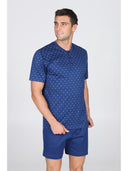 Pigiama corto serafino in ricercato puro cotone mercerizzato, fantasia a rombi