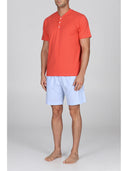 Pigiama corto in pregiato popeline gessato azzurro e jersey arancio