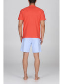 Pigiama corto in pregiato popeline gessato azzurro e jersey arancio
