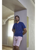 Pigiama corto in pregiato popeline gessato rosa e jersey bluette