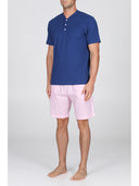 Pigiama corto in pregiato popeline gessato rosa e jersey bluette