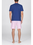 Pigiama corto in pregiato popeline gessato rosa e jersey bluette