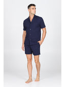 Pigiama corto cardigan, in pregiato cotone supima in tinta blu