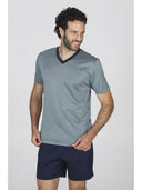 Pigiama corto, scollo a v in pregiato e lucente 100% filoscozia fil-à-fil verde blu