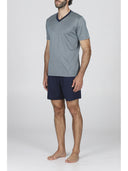 Pigiama corto, scollo a v in pregiato e lucente 100% filoscozia fil-à-fil verde blu