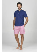 Pigiama corto in pregiato popeline gessato rosa e jersey bluette