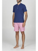 Pigiama corto in pregiato popeline gessato rosa e jersey bluette