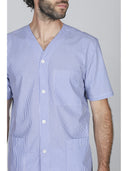 Pigiama cardigan corto, in pregiato popeline a righe bluette