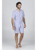 Pigiama cardigan corto, in pregiato popeline a righe bluette