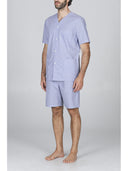 Pigiama cardigan corto, in pregiato popeline a righe bluette