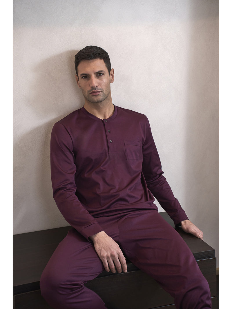 Pajama with a henley collar, in mercerized cotton jersey bordeaux