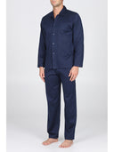 Pigiama aperto in setoso puro cotone mercerizzato blu, con colletto camicia