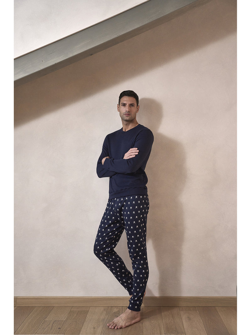 Men's crew neck pajama in soft pure cotton interlock, with pajama pants featuring 'men' pattern