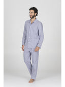 Pigiama cardigan in pregiato popeline riga blu, vestibilità impeccabile