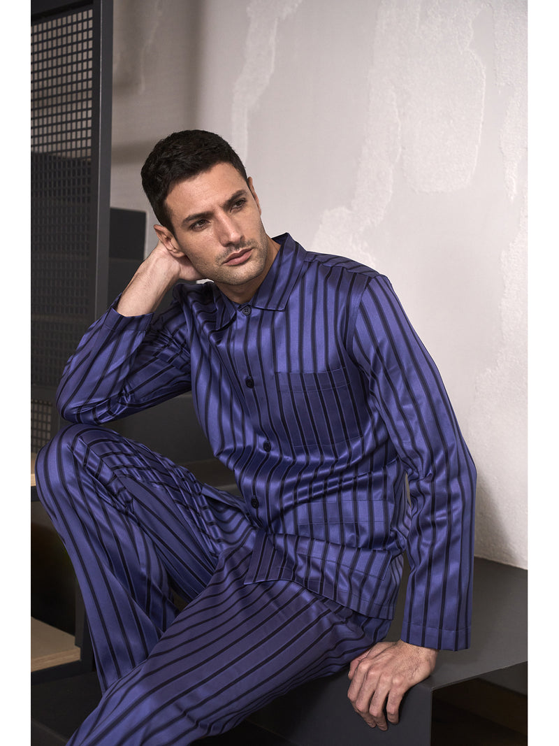 Pajama cardigan in fine blue striped satin, impeccable fit