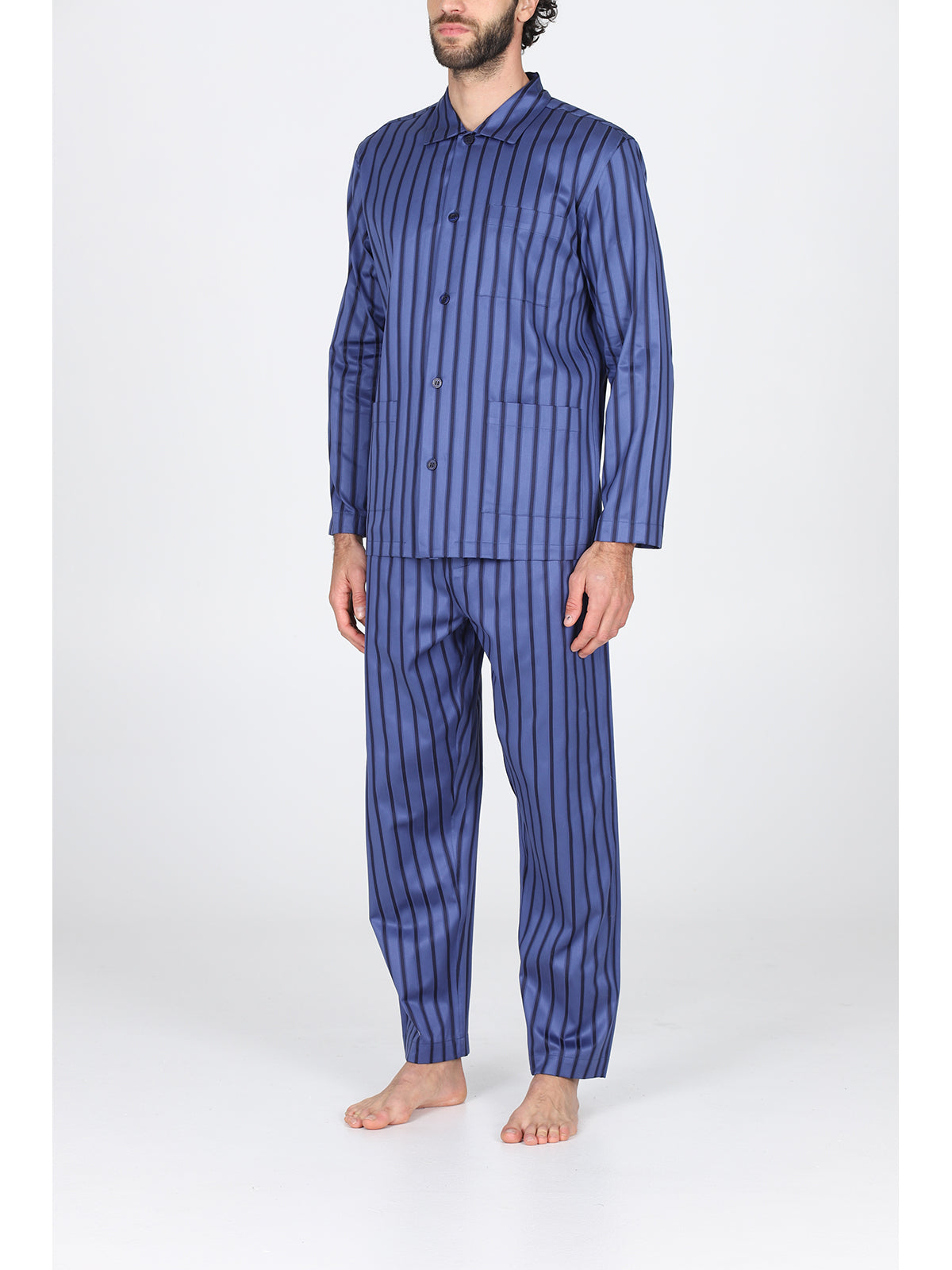 Pajama cardigan in premium striped blue satin, impeccable fit 46