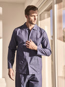 Pigiama cardigan in pregiato popeline riga blu, vestibilità impeccabile