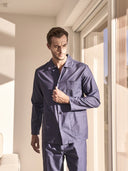 Pigiama cardigan in pregiato popeline riga blu, vestibilità impeccabile