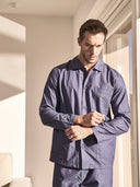 Pigiama cardigan in pregiato popeline riga blu, vestibilità impeccabile