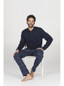 Pigiama serafino con pantalone in flanella fantasia scozzese blu