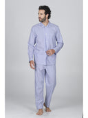 Pigiama cardigan classico, in pregiato popeline a righe bluette