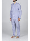 Pigiama cardigan classico, in pregiato popeline a righe bluette