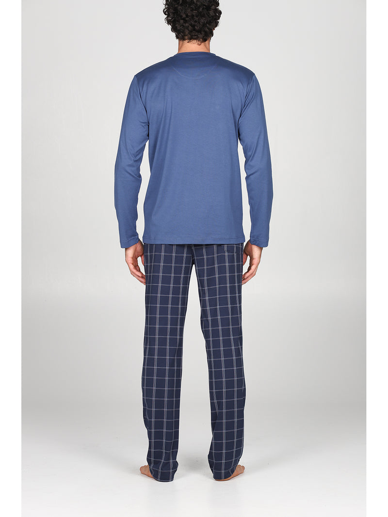 ULTRA-LIGHTWEIGHT PURE COTTON JERSEY PAJAMA, WITH PLAID PATTERNED TROUSERS