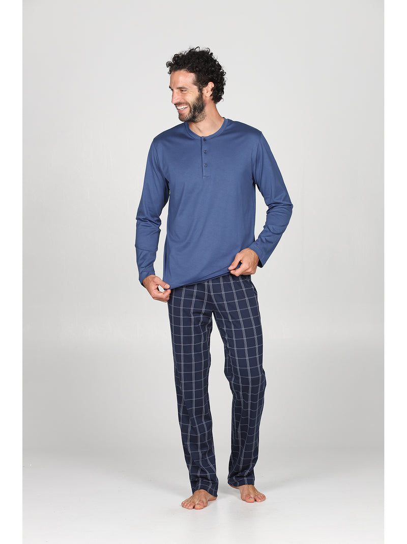 ULTRA-LIGHTWEIGHT PURE COTTON JERSEY PAJAMA, WITH PLAID PATTERNED TROUSERS