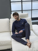 Pigiama serafino, in confortevole puro cotone blu, linea racchette